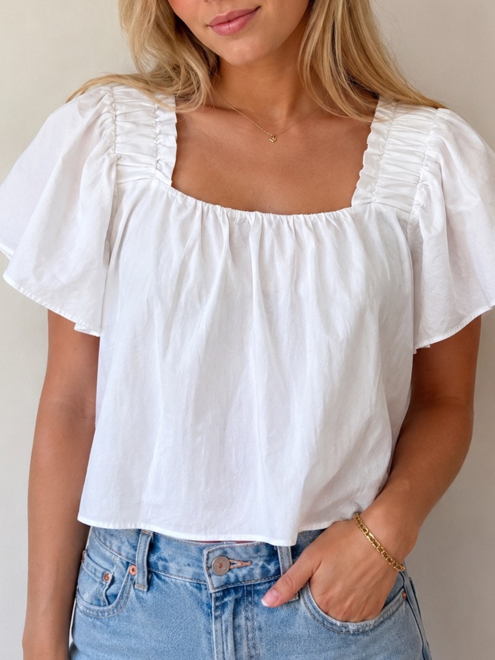 Zara White Square Neck Flutter Sleeve Top